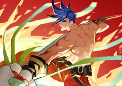 Rule 34 | attack, blue eyes, blue hair, boxing gloves, chinese commentary, commentary request, galo thymos, male focus, mosi l, pants, promare, red background, red pants, simple background, solo, spiked hair, swinging, topless male