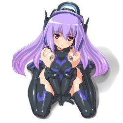Rule 34 | 10s, 1girl, alternate color, bad id, bad pixiv id, breasts squeezed together, breasts, busou shinki, dd (ijigendd), doll joints, joints, leotard, long hair, purple hair, red eyes, sitting, smile, solo, tempesta, thighhighs