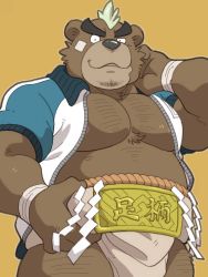 Rule 34 | 1boy, ashigara (housamo), bandaged arm, bandages, bandaid, bandaid on cheek, bandaid on face, bara, bear boy, belly, brown fur, bulge, chest hair, cleavage cutout, clothing cutout, facial hair, fat, fat man, feet out of frame, furry, furry male, goatee, green hair, highres, jacket, large pectorals, leg hair, male focus, mature male, mohawk, muscular, muscular male, nipple slip, nipples, no shirt, open clothes, open jacket, pectorals, shirako (kirupi), short hair, solo, stomach, sumo, thick eyebrows, thick thighs, thighs, tokyo houkago summoners, track jacket, unzipped