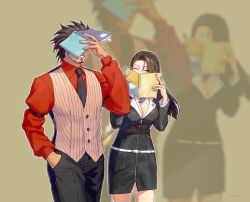 Rule 34 | 1boy, 1girl, ^ ^, ace attorney, artist name, beard, belt, black dress, black necktie, black pants, blurry, blurry background, book, breasts, brown hair, brown vest, buttons, cleavage, closed eyes, covering own eyes, covering own mouth, cowboy shot, dark-skinned male, dark skin, dated, diego armando, dress, facial hair, forehead, godzillapigeon1, grin, hand in pocket, hand up, hands up, happy, highres, jacket, long hair, long sleeves, magatama, medium breasts, mia fey, necktie, open book, outline, pants, phoenix wright: ace attorney - trials and tribulations, pinstripe pattern, pinstripe vest, red jacket, scarf, short dress, short hair, signature, smile, spoilers, standing, striped, teeth, vest, white outline, yellow scarf, zoom layer