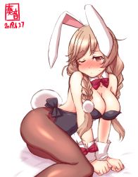 Rule 34 | 1girl, alternate costume, animal ears, artist logo, black leotard, blush, bow, bowtie, braid, breasts, brown eyes, brown pantyhose, cleavage, cloud hair ornament, commentary request, dated, detached collar, fake animal ears, gradient hair, highres, kanon (kurogane knights), kantai collection, large breasts, leotard, light brown hair, long hair, looking at viewer, minegumo (kancolle), multicolored hair, one eye closed, pantyhose, playboy bunny, rabbit ears, rabbit tail, red bow, red bowtie, red eyes, simple background, solo, strapless, strapless leotard, tail, twin braids, white background, wrist cuffs