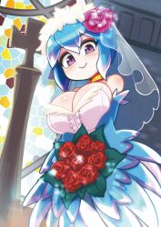 Rule 34 | 1girl, absurdres, bare shoulders, blue feathers, blue hair, blue wings, blush, bouquet, breasts, bridal veil, cleavage, commentary, commission, dress, feathers, flower, hair between eyes, highres, holding, holding bouquet, indoors, jimafy, large breasts, looking at viewer, multicolored hair, original, pink eyes, pink feathers, pink flower, pink hair, pink rose, red flower, red rose, rose, short hair, sleeveless, sleeveless dress, smile, solo, stained glass, two-tone hair, two-tone wings, veil, wedding dress, white dress, wings