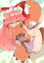 Rule 34 | 1girl, animal ear fluff, animal ears, animal hands, apron, bare shoulders, bell, blush, bow, breasts, carrot, cat hair ornament, collar, fate/extra, fate/grand order, fate (series), fox ears, fox girl, fox tail, gloves, hair bow, hair ornament, jingle bell, long hair, looking at viewer, maid headdress, medium breasts, naked apron, neck bell, paw gloves, paw shoes, pink hair, ponytail, red bow, shoes, sidelocks, solo, tail, tamamo (fate), tamamo cat (fate), tamamo cat (third ascension) (fate), white apron, yellow eyes, yokirin (rinkyo)