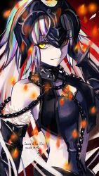 Rule 34 | 1girl, bare shoulders, black dress, breasts, chain, character name, clothing cutout, commentary, dated, detached sleeves, dress, fate/grand order, fate (series), fire, fur-trimmed sleeves, fur trim, gauntlets, headpiece, highres, jeanne d&#039;arc alter (avenger) (fate), jeanne d&#039;arc alter (avenger) (third ascension) (fate), jeanne d&#039;arc alter (fate), long hair, looking at viewer, medium breasts, pale skin, shirt, smile, solo, tsukaasa, very long hair, white shirt, yellow eyes