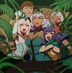 Rule 34 | 1boy, 4girls, animal ears, bare shoulders, blonde hair, blue hair, breasts, brother and sister, brown hair, chameleon girl, cleavage, closed eyes, confused, crown, dress, elementalist lux, eyeshadow, facial mark, facial tattoo, flower, garen (league of legends), green dress, hair flower, hair ornament, hand on own cheek, hand on own face, holding, holding phone, holding weapon, jewelry, jungle, large breasts, leaf, league of legends, light blue dress, looking at object, looking at viewer, lux (league of legends), makeup, medium breasts, medium hair, multiple girls, nature, necklace, neeko (league of legends), open mouth, outdoors, outstretched arms, phone, qiyana (league of legends), short hair, siblings, smile, sweatdrop, tattoo, tristana, v-shaped eyebrows, weapon, white hair, yellow eyes, zaket07