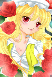Rule 34 | 1girl, aged up, blonde hair, breasts, cleavage, embodiment of scarlet devil, fang, fang out, female focus, flandre scarlet, flower, hat, highres, long hair, mob cap, red eyes, rose, shirt, solo, touhou, white hat, white shirt, yuzuna99, yuzuna (pixiv)