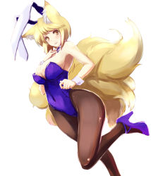 Rule 34 | 1girl, alternate costume, animal ears, blonde hair, blush, bow, bowtie, breasts, brown pantyhose, cleavage, dearmybrothers, detached collar, extra ears, female focus, fox ears, fox tail, high heels, highres, large breasts, legs folded, leotard, multiple tails, no headwear, pantyhose, playboy bunny, rabbit ears, shoes, short hair, simple background, solo, tail, touhou, white background, wrist cuffs, yakumo ran, yellow eyes