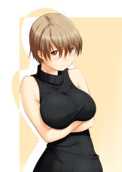 Rule 34 | 1girl, bare shoulders, breast hold, breasts, brown eyes, brown hair, crossed arms, halterneck, highres, huge breasts, looking at viewer, niwatazumi, original, ribbed shirt, ribbed sweater, shirt, short hair, sleeveless, sleeveless turtleneck, solo, sweater, turtleneck, upper body