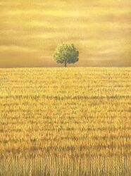 Rule 34 | cloud, cloudy sky, day, dusk, evening, grass, highres, hill, keitatsujia, no humans, orange sky, original, painting (medium), plant, scenery, sky, traditional media, tree