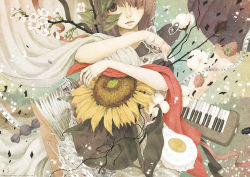 Rule 34 | 1girl, bad id, bad pixiv id, book, branch, brown eyes, brown hair, candy, egg, female focus, flower, food, fruit, hair over one eye, instrument, keyboard (instrument), onohana, original, plant, ribbon, scarf, solo, strawberry, sunflower, tape measure, water