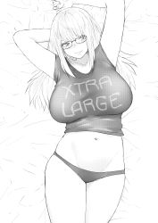 Rule 34 | 1girl, absurdres, arms behind head, bed sheet, breasts, clothes writing, commentary, cowboy shot, crop top, english commentary, facing viewer, female focus, from above, glasses, greyscale, highres, inne sulistya robin, large breasts, legs together, long hair, looking at viewer, lying, monochrome, navel, norman maggot, on back, original, panties, parted lips, shirt, smile, solo, t-shirt, teacher, truth, underwear
