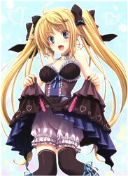 Rule 34 | 1girl, absurdres, ahoge, bare shoulders, black thighhighs, blonde hair, bloomers, blue eyes, blush, clothes lift, collarbone, dress, dress lift, earrings, fang, hair ornament, hair ribbon, hairclip, highres, jewelry, leg ribbon, long hair, miyama-zero, open mouth, original, outline, ribbon, scan, solo, star (symbol), thighhighs, twintails, underwear, white outline