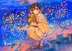 Rule 34 | 1girl, absurdres, aerial fireworks, air bubble, bouquet, brown eyes, brown hair, brown kimono, bubble, buchi (qooo003), building, commentary request, day, fireworks, flower, full body, highres, holding, holding bouquet, japanese clothes, kimono, long sleeves, looking at viewer, original, outdoors, parted lips, purple flower, purple footwear, red flower, sandals, smile, solo, underwater, water, white flower, wide sleeves, yellow flower, zouri