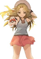 Rule 34 | 1girl, adjusting clothes, adjusting headwear, ankea (a-ramo-do), arms up, bare shoulders, blue shirt, breasts, brown eyes, brown hair, closed mouth, creatures (company), female focus, game freak, hair intakes, happy, highres, holding, holding poke ball, leaf (pokemon), long hair, looking at viewer, matching hair/eyes, miniskirt, nintendo, outstretched arm, poke ball, poke ball (basic), pokemon, pokemon frlg, red skirt, shirt, simple background, sketch, skirt, sleeveless, sleeveless shirt, small breasts, smile, solo, standing, straight-on, white background, white headwear, wristband