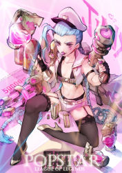 Rule 34 | 1girl, blue hair, braid, breasts, bullet, candy, fingerless gloves, garter straps, gloves, high heels, highres, jinx (league of legends), league of legends, loiza, lollipop, long hair, navel, pink eyes, small breasts, solo, thighhighs, twin braids, very long hair