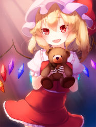Rule 34 | 1girl, :d, blonde hair, child, fangs, flandre scarlet, gengetsu chihiro, gradient background, hair ribbon, hat, light rays, looking at viewer, miniskirt, mob cap, open mouth, puffy short sleeves, puffy sleeves, red eyes, red skirt, red vest, ribbon, short hair, short sleeves, side ponytail, skirt, skirt set, smile, solo, stuffed animal, stuffed toy, teddy bear, touhou, vest, white hat, wings