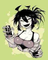 Rule 34 | 1girl, absurdres, blush, breasts, can, claws, cleavage, closed eyes, commentary, crow-chan (karasu raven), drink can, green background, hair between eyes, hair up, highres, holding, holding can, jacket, karasu raven, medium breasts, messy hair, monster energy, monster girl, open mouth, original, soda can, solo, tank top