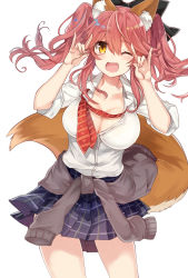 Rule 34 | 10s, 1girl, animal ear fluff, animal ears, black ribbon, blush, bow, breasts, cleavage, clothes around waist, collarbone, fang, fate/extella, fate/extra, fate/grand order, fate (series), fox ears, fox shadow puppet, fox tail, hair bow, hair ribbon, heart, heart-shaped pupils, highres, jacket, jacket around waist, large breasts, long hair, looking at viewer, official alternate costume, one eye closed, open mouth, pink hair, retsuto, ribbon, school uniform, shirt, simple background, skirt, smile, solo, symbol-shaped pupils, tail, tamamo (fate), tamamo no mae (jk) (fate), twintails, unbuttoned, white background, yellow eyes