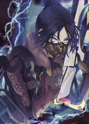 Rule 34 | 1girl, absurdres, animification, apex legends, black hair, bodysuit, cable, electricity, energy gun, finger on trigger, floating hair, gloves, gun, hair behind ear, hair bun, highres, holding, holding gun, holding weapon, open hand, parted bangs, portal (object), purple bodysuit, science fiction, single hair bun, solo, submachine gun, tprbr, void specialist wraith, volt smg, weapon, wraith (apex legends)