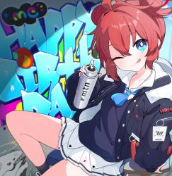 Rule 34 | 1girl, ;q, ahoge, arm up, black socks, blue archive, blue eyes, blue necktie, collared shirt, double bun, graffiti, hair bun, halo, happy birthday, highres, holding, hood, hood down, hooded jacket, jacket, light blush, long sleeves, looking at viewer, maki (blue archive), nari, necktie, one eye closed, paint on clothes, pleated skirt, puffy sleeves, red hair, shirt, short hair, sidelocks, skirt, smile, socks, solo, spray can, spray paint, sweater vest, tongue, tongue out