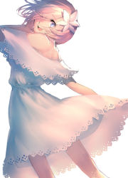 Rule 34 | 1girl, :d, bare shoulders, blue eyes, bright pupils, choker, dress, eyebrows, fate/grand order, fate (series), flower, hair between eyes, hair flower, hair ornament, hair over one eye, lace, lace-trimmed dress, lace trim, looking at viewer, mash kyrielight, mash kyrielight (formal dress), mebaru, off-shoulder dress, off shoulder, official alternate costume, open mouth, pink hair, short hair, simple background, smile, solo, teeth, tongue, white background, white choker, white dress, white flower, white pupils