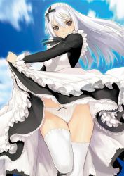 Rule 34 | 1girl, apron, bow, bow panties, clothes lift, cloud, cowboy shot, day, dress, dress lift, female focus, frills, grey eyes, hair bow, headdress, highres, jpeg artifacts, kanojo wa hanayome kouhosei? cinderella collection, lifting own clothes, long hair, looking at viewer, maid, maid apron, non-web source, original, outdoors, panties, ribbon, skirt, skirt lift, sky, smile, solo, standing, text focus, thighhighs, thighs, tony taka, underwear, upskirt, white hair, white panties, white thighhighs, zero (kanojo wa hanayome kouhosei? cinderella collection)