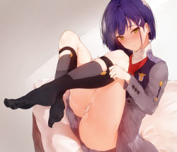 Rule 34 | 10s, 1girl, ass, bad id, bad pixiv id, black socks, blush, closed mouth, commentary request, darling in the franxx, dress, fang, feet, full body, green eyes, grey dress, hair ornament, hairclip, hplay, ichigo (darling in the franxx), kneehighs, legs up, long sleeves, looking at viewer, no shoes, nose blush, panties, red neckwear, school uniform, short hair, sitting, socks, solo, underwear, upskirt, white panties, yellow eyes