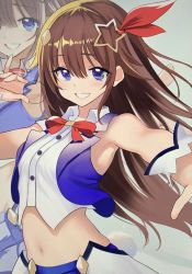 Rule 34 | 1girl, :d, armpits, bare shoulders, blue eyes, blue skirt, blue vest, bow, bowtie, brown hair, buttons, commentary request, crop top, hair flaps, hair ornament, highres, holding, hololive, long hair, looking at viewer, meme50, midriff, navel, open mouth, outstretched arm, shirt, skirt, sleeveless, sleeveless shirt, smile, solo, star (symbol), star hair ornament, stomach, tokino sora, tokino sora (1st costume), upper body, vest, virtual youtuber, waist cape, white shirt, wing collar, zoom layer