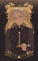 Rule 34 | 1boy, artist name, black necktie, black shirt, black vest, candle, candlelight, candlestand, closed mouth, collared shirt, earrings, glasses, highres, holding, jewelry, koeda (k83 4), long sleeves, looking at viewer, male focus, necktie, shirt, short hair, smile, solo, tears of themis, upper body, vest, vyn richter (tears of themis), white hair, yellow eyes