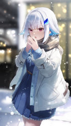 Rule 34 | 1girl, absurdres, blue cardigan, blue hair, blue serafuku, blue shirt, blue skirt, blurry, blurry background, breathing on hands, cardigan, commentary request, depth of field, fringe trim, grey jacket, grey scarf, hair flaps, hair ornament, hands up, highres, jacket, kazuki seto, lize helesta, multicolored hair, night, nijisanji, open cardigan, open clothes, open jacket, open mouth, outdoors, pleated skirt, purple eyes, scarf, school uniform, serafuku, shirt, short hair, skirt, snow, snowing, solo, steepled fingers, two-tone hair, virtual youtuber, white hair, winter