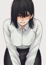 Rule 34 | 1girl, black hair, black skirt, blush, breasts, collared shirt, grey eyes, highres, hoshi san 3, large breasts, leaning forward, long sleeves, looking away, looking to the side, medium hair, mole, mole on ear, mole under mouth, office lady, original, pencil skirt, shirt, simple background, skirt, solo, sweatdrop, white background, white shirt, wing collar