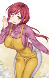 Rule 34 | 1girl, absurdres, apron, breasts, flower, gradient background, highres, large breasts, lips, looking at viewer, mole, mole under mouth, original, pink sweater, ponytail, red eyes, red hair, smile, solo, sweater, teeth, turtleneck, turtleneck sweater, yakimi 27, yellow apron