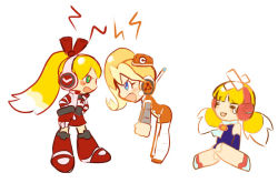 Rule 34 | 3girls, = =, bandaid, blonde hair, blue eyes, blush stickers, call (mighty no. 9), call e, call f, call h, garrison cap, green eyes, hat, headphones, headset, joints, long hair, mighty no. 9, multicolored hair, multiple girls, multiple persona, pontata, ponytail, robot joints, side ponytail, twintails, two-tone hair