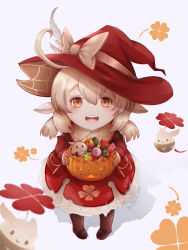 Rule 34 | 1girl, :3, :d, absurdres, ahoge, boots, candy, dress, eun (eunice), feathers, food, genshin impact, hair between eyes, hat, hat feather, highres, holding, holding food, holding pumpkin, holding vegetable, klee (genshin impact), knee boots, lollipop, long sleeves, looking at viewer, low twintails, open mouth, pointy ears, pumpkin, red dress, red eyes, red headwear, silk, smile, spider web, trick or treat, twintails, vegetable, white feathers, witch hat
