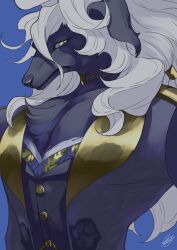 Rule 34 | 1boy, animal ears, black suit, blue background, commentary request, fate/grand order, fate (series), formal, furry, furry male, looking at viewer, male focus, rkp, signature, suit, upper body, white hair, wolf boy, wolf ears, woodwose (fate), yellow eyes