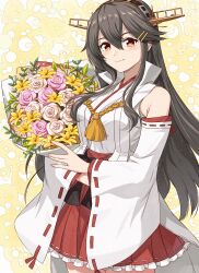 Rule 34 | 1girl, absurdres, bare shoulders, black hair, blush, bouquet, brown eyes, closed mouth, cowboy shot, detached sleeves, flower, frilled skirt, frills, hair between eyes, hairband, haruna (kancolle), headgear, highres, holding, holding bouquet, japanese clothes, kanmiya shinobu, kantai collection, long hair, looking at viewer, nontraditional miko, pink flower, pleated skirt, red skirt, ribbon-trimmed sleeves, ribbon trim, skirt, smile, solo, white flower, white sleeves, wide sleeves, yellow flower