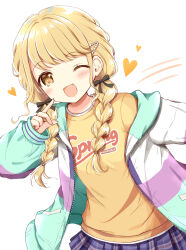 Rule 34 | 1girl, blonde hair, blush, braid, breasts, casual, commentary request, fang, fujita kotone, gakuen idolmaster, heart, highres, idolmaster, jacket, looking at viewer, low twin braids, nanase miori, one eye closed, open mouth, simple background, solo, twin braids, white background, yellow eyes