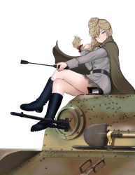 Rule 34 | 1girl, absurdres, belt, black belt, black footwear, blonde hair, blue eyes, blush, bonple military uniform, boots, braid, brown cape, brown jacket, brown ribbon, brown skirt, cape, closed mouth, commentary request, crossed legs, from side, girls und panzer, girls und panzer ribbon no musha, hair bun, hair over shoulder, hair ribbon, head tilt, highres, holding, insignia, jacket, jajka (girls und panzer), knee boots, long hair, long sleeves, looking at viewer, military, military uniform, military vehicle, miniskirt, motor vehicle, pleated skirt, ribbon, riding crop, shichisaburo, shovel, simple background, single braid, single hair bun, sitting, skirt, smile, solo, tank, uniform, vehicle request, white background