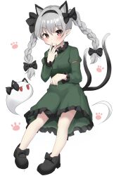 Rule 34 | 1girl, :3, absurdres, animal ears, black bow, black footwear, black hairband, blush, bow, braid, cat day, cat ears, cat tail, closed mouth, commentary request, cosplay, dress, frilled dress, frilled sleeves, frills, full body, green dress, grey hair, hair between eyes, hair bow, hairband, hand up, highres, juliet sleeves, kaenbyou rin, kaenbyou rin (cosplay), konpaku youmu, long hair, long sleeves, looking at viewer, multiple tails, paw print, pointy ears, puffy sleeves, red eyes, shoes, simple background, smile, solo, standing, tail, tail raised, touhou, twin braids, two tails, white background, youmu-kun