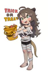 Rule 34 | 1girl, animal ears, barefoot, english text, hair between eyes, halloween, highres, holding, long hair, open mouth, opossumachine, original, smile, solo, tail