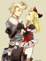 Rule 34 | 1boy, 1girl, 5pb., blonde hair, bravely default: flying fairy, bravely default (series), couple, edea lee, elbow gloves, eye contact, gloves, hair ribbon, hand on own hip, hetero, holding hands, long hair, looking at another, pantyhose, pochiyama, profile, ribbon, ringabel, short hair, standing, white pantyhose