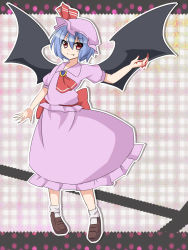 Rule 34 | 1girl, ascot, bat wings, blood, blood on hands, blouse, blue hair, brooch, fang, fang out, flat chest, hat, highres, jewelry, kuyuri y, long skirt, looking at viewer, mob cap, plaid, plaid background, purple skirt, red eyes, remilia scarlet, shirt, short hair, skirt, skirt set, smile, solo, torizaki kuyuri, touhou, wings