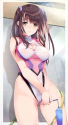 Rule 34 | 1girl, 3:, breasts, bright pupils, brown hair, cleavage, cleavage cutout, closed mouth, clothing cutout, commentary request, cowboy shot, from below, gluteal fold, hair ornament, hair scrunchie, heart cutout, highleg, highleg leotard, iizuki tasuku, large breasts, leotard, long hair, original, scrunchie, sidelocks, solo, twirl baton, two side up, yellow eyes