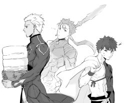 Rule 34 | 3boys, archer (fate), commentary request, cu chulainn (fate), cu chulainn (fate/stay night), emiya shirou, fate/grand order, fate (series), from side, gae bolg (fate), greyscale, holding, igote, laundry, laundry basket, limited/zero over, looking at another, looking back, looking to the side, monochrome, multiple boys, ponytail, senji muramasa (fate), shibanui, simple background, sketch, sweat, white background, wristband
