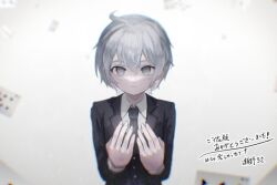 Rule 34 | 1boy, ahoge, black jacket, card, character request, collared shirt, commentary request, copyright request, grey eyes, grey hair, hair between eyes, hands up, jacket, long sleeves, looking at viewer, male focus, necktie, parted lips, playing card, seno losa, shirt, short hair, simple background, solo, straight-on, translation request, upper body, virtual youtuber, white background, white shirt