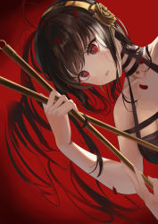 Rule 34 | 1girl, bare shoulders, black dress, black hair, breasts, dagger, dress, earrings, gold earrings, gold headband, hair ornament, highres, holding, holding weapon, iino (isnyong), jewelry, knife, large breasts, long hair, parted lips, petals, red background, red eyes, solo, spy x family, stiletto (weapon), upper body, weapon, yor briar