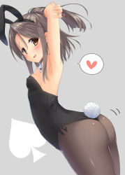 Rule 34 | 10s, 1girl, alternate costume, animal ears, armpits, arms up, ass, bare shoulders, black pantyhose, blush, breasts, brown eyes, brown hair, covered erect nipples, detached collar, fake animal ears, fake tail, fujieda uzuki, heart, high ponytail, highres, kantai collection, leotard, long hair, looking at viewer, pantyhose, playboy bunny, ponytail, rabbit ears, rabbit tail, small breasts, smile, solo, speech bubble, spoken heart, tail, zuihou (kancolle)