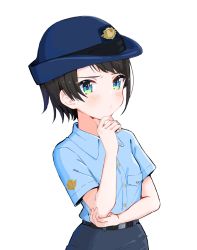 Rule 34 | 1girl, alternate costume, bad id, bad twitter id, belt, black hair, blue eyes, blue shirt, blue skirt, blush, collared shirt, commentary request, cowboy shot, female service cap, hand on own chin, hat, highres, hololive, kirome toru 2, looking at viewer, oozora subaru, police, police hat, police uniform, policewoman, shirt, short hair, short sleeves, simple background, single sidelock, skirt, solo, stroking own chin, swept bangs, thinking, uniform, virtual youtuber, white background