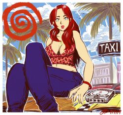 Rule 34 | 1girl, blue eyes, blue sky, bracelet, breasts, cleavage, crazy taxi, crossed legs, denim, forehead, game console, gena (crazy taxi), highres, jewelry, large breasts, long hair, midriff, necklace, palm tree, red hair, sega, sega dreamcast, sky, tank top, taxi, thick lips, tree, videajames