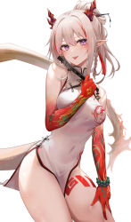 Rule 34 | 1girl, arknights, bare arms, bare shoulders, bead bracelet, beads, bracelet, braid, breasts, china dress, chinese clothes, contrapposto, cowboy shot, dragon horns, dragon tail, dress, earrings, gradient skin, hair ornament, hairpin, hand on own thigh, highres, holding, horns, jewelry, leg tattoo, long hair, looking at viewer, medium breasts, multicolored hair, nian (arknights), nian (unfettered freedom) (arknights), no panties, open mouth, pelvic curtain, pointy ears, ponytail, ru zhai, sharp teeth, short dress, sidelocks, sleeveless, sleeveless dress, smile, solo, standing, streaked hair, tail, tattoo, teeth, thighs, tongue, tongue out, white dress